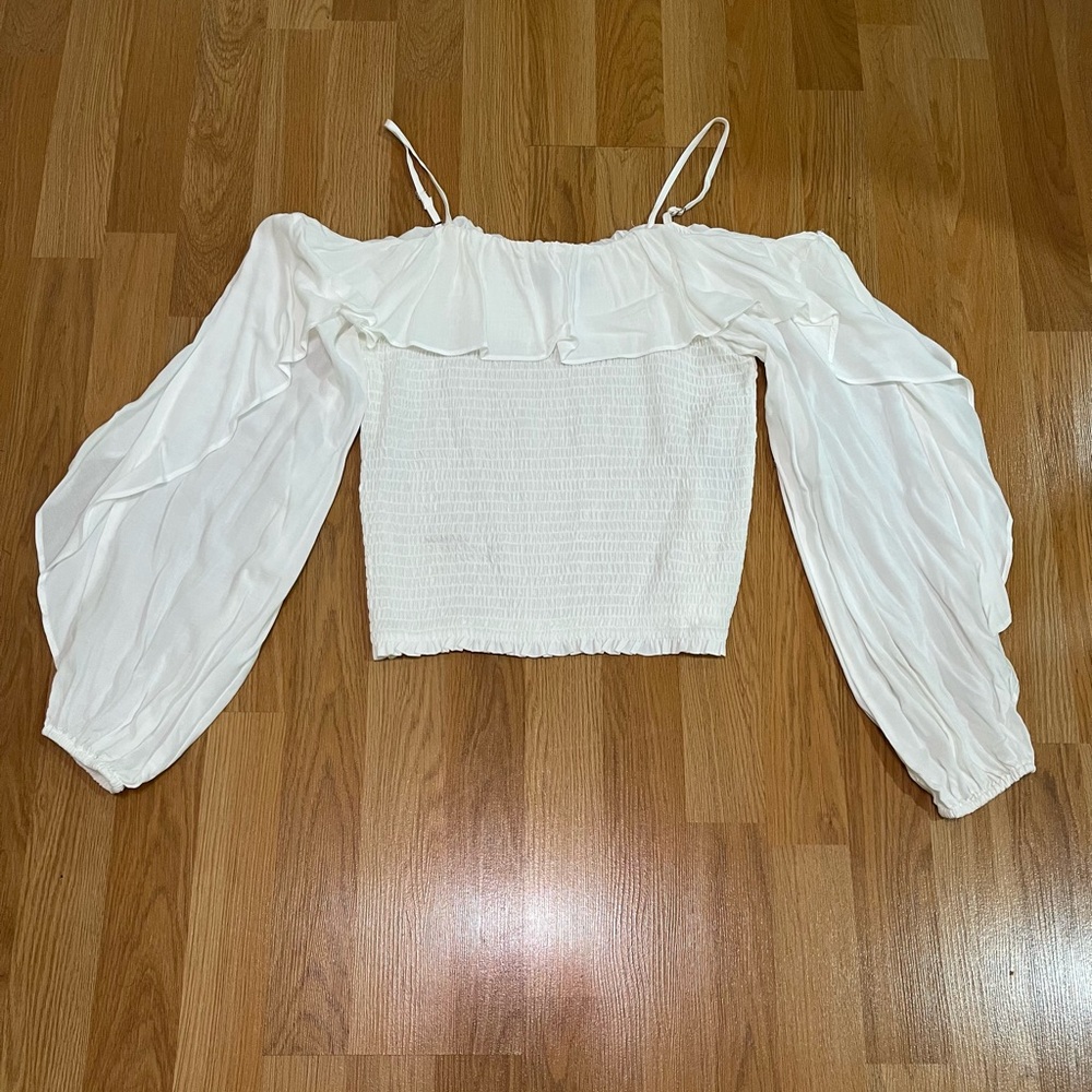 INC International Concepts White Ruffled Smocked Blouse